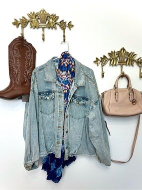 Stunning crystal beaded acid wash denim jacket 1X